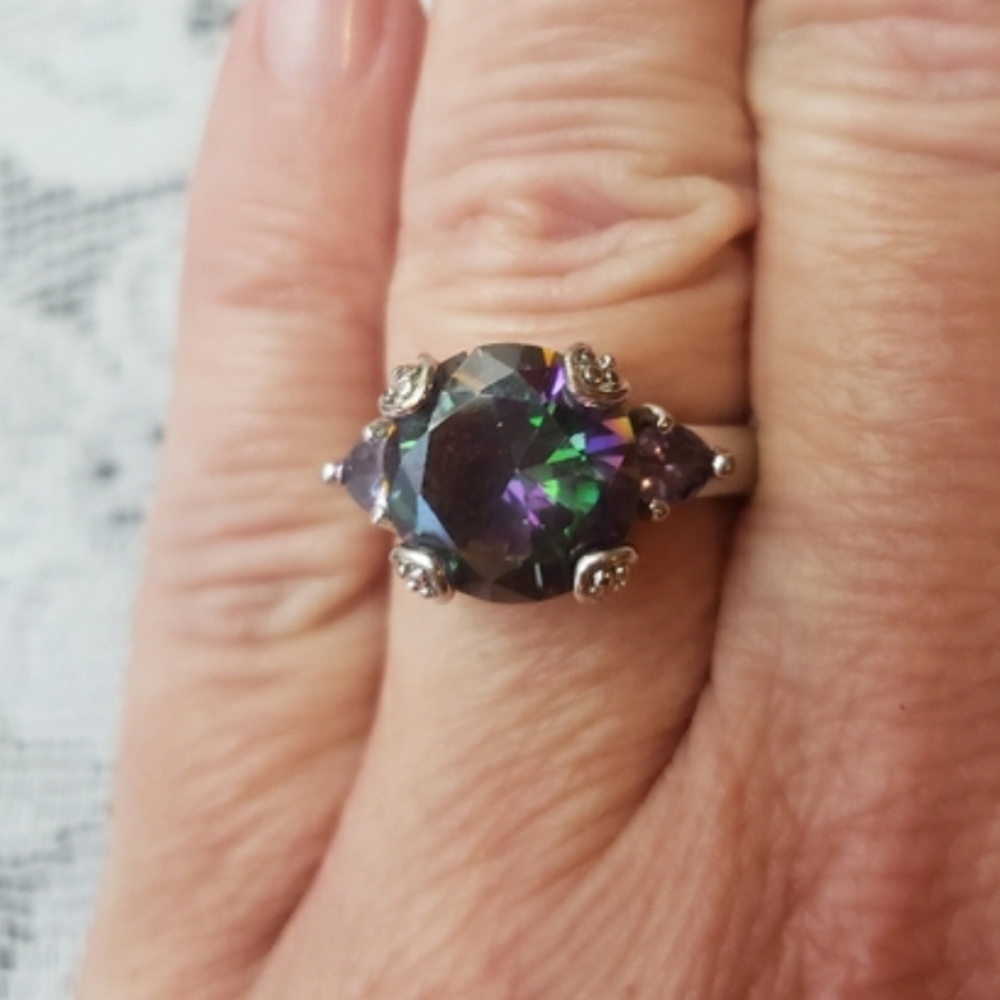 EQUISITE ZALES 3 CT TW MYSTIC TOPAZ ROUND CUT 925 STERLING SILVER RING